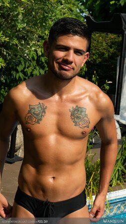 Kit Cohen strips trunks to show beefy body while Alex Montenegro tans in black Speedo