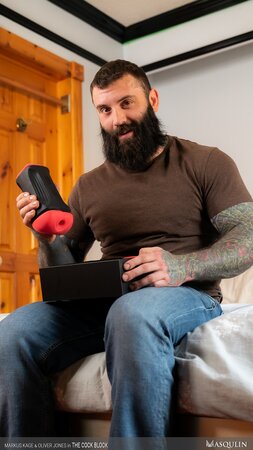 Markus Kage and Oliver Jones frot cocks in shiny Cock Block toy