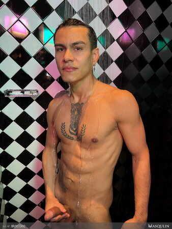 Bruno Cano tweaks nipples while jerking off wet