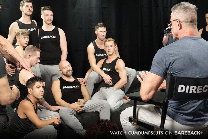 Eight pornstars gangbang deep-throat Adam Snow