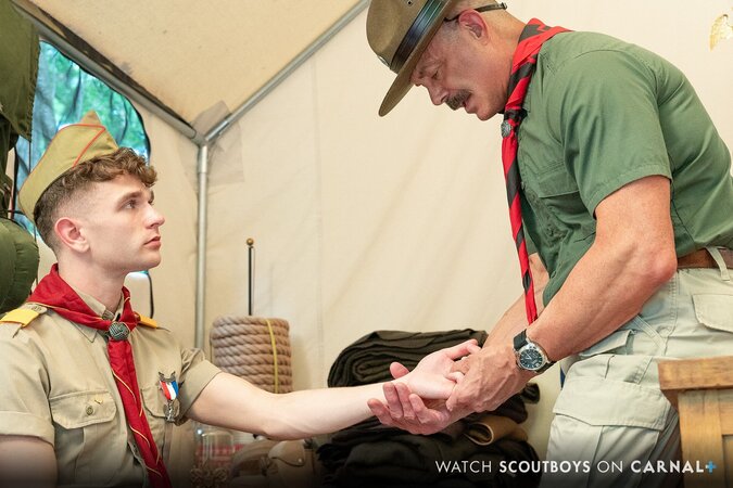 Scoutmaster Reece Scott punishes skinny-dipping Canyon Cole raw