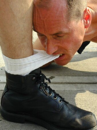 Leather daddy Michael Marino boots and feet outdoor