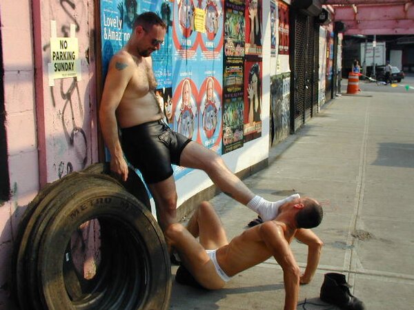 Leather daddy Michael Marino boots and feet outdoor