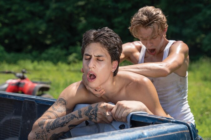 Leo Louis plows hired hand Angel Elias raw in the field