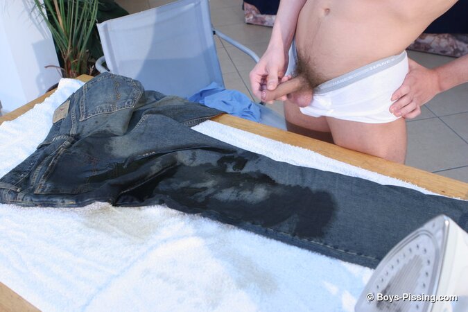 Kinky Adam pisses and cums on his clothes