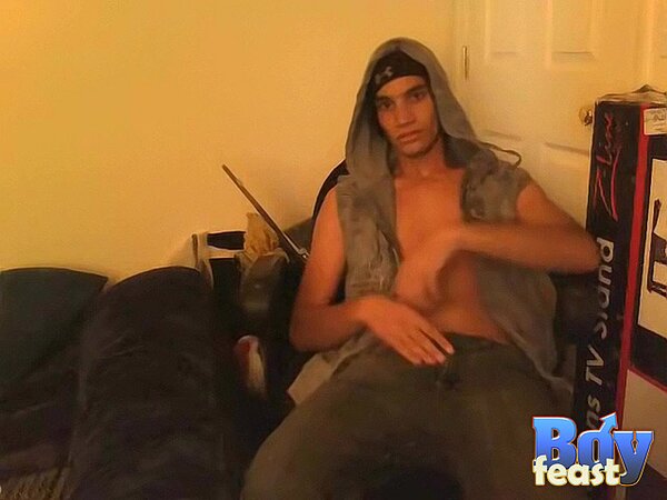 Tristan strokes smooth cock solo then sprays load