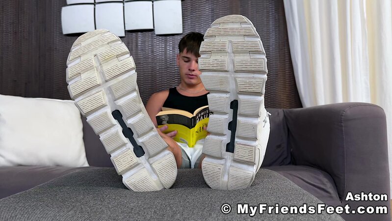 Ashton teases smooth soles in white ankle socks solo