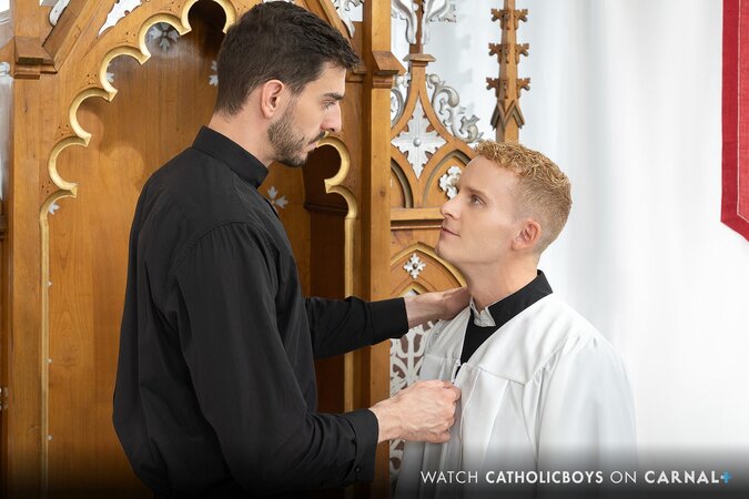 Reverend Spencer breeds altar boy Dylan Tides on holy table