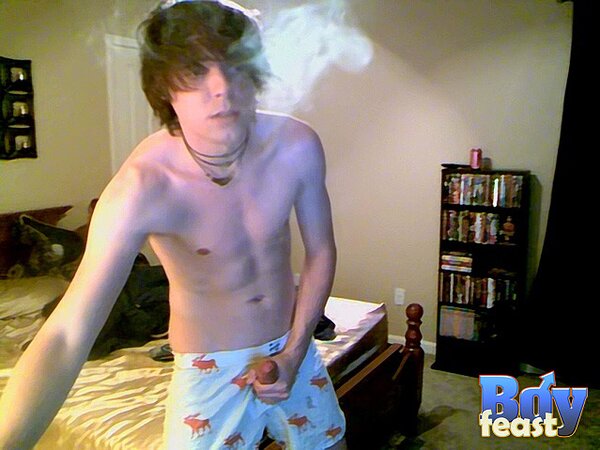 Trace smokes and strokes slim cock solo tease