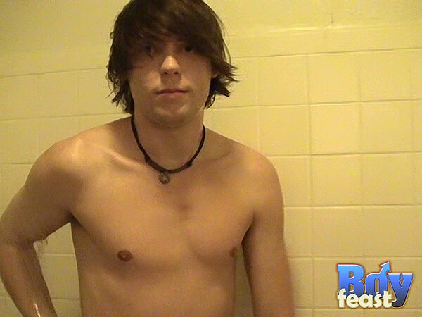 Trace jerks smooth cock solo in bathroom tease