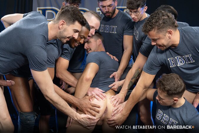 Jaxx Cody takes 8 frat brothers breeding gangbang