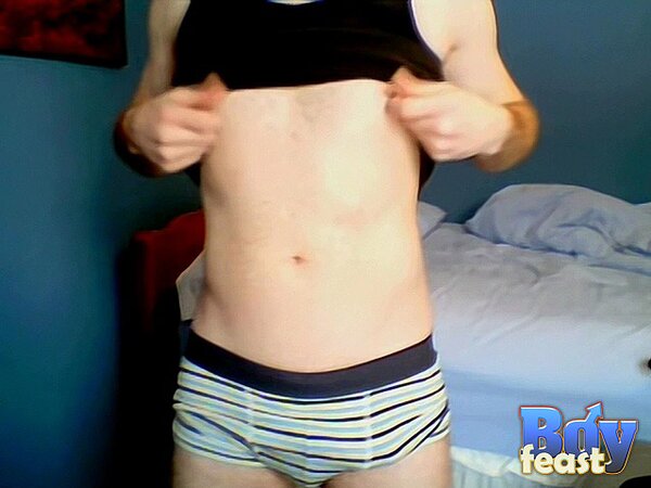 Aaron strokes slim cock and cums hard solo