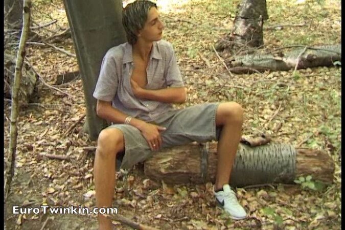 Euro twink Patrick jerks off and cums in the woods