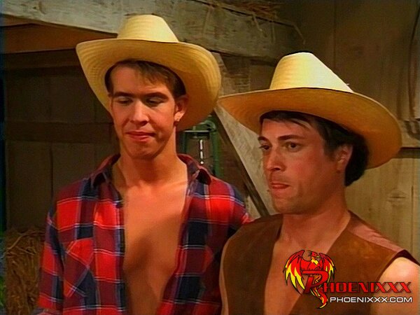 Three cowboys use double dildo then fuck raw