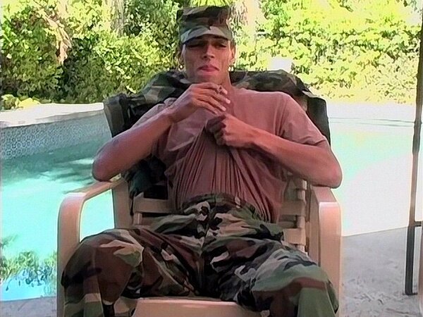 Army boy Rico Mantos jerks big cock outdoors in uniform