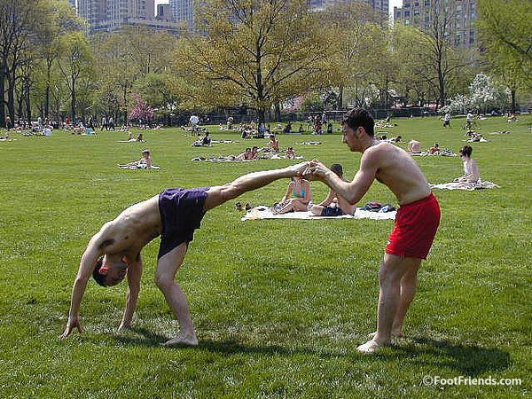 Cute guys Jimmy and Boris play barefoot in the park and show off their sexy feet