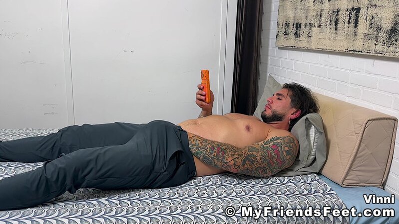 Vinni strokes out a massive load then uses his own cum to lotion his bare soles