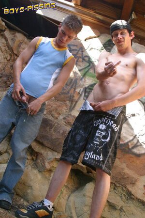 Naughty twinks Ian and Brady piss together under the bridge like true troublemakers