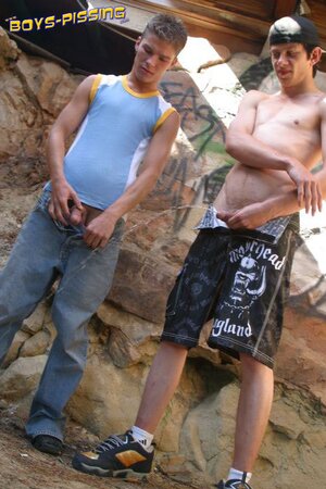 Naughty twinks Ian and Brady piss together under the bridge like true troublemakers