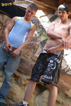 Naughty twinks Ian and Brady piss together under the bridge like true troublemakers