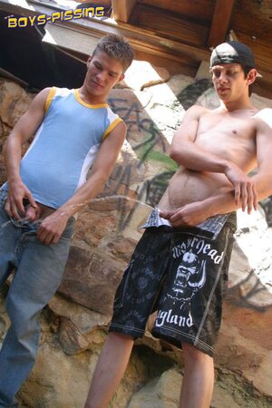 Naughty twinks Ian and Brady piss together under the bridge like true troublemakers