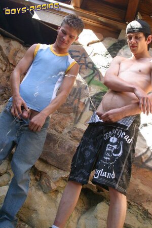 Naughty twinks Ian and Brady piss together under the bridge like true troublemakers