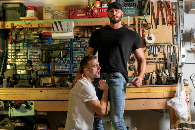 Gabriel Clark catches mechanic Travis Connor and barebacks his hairy ass in the garage