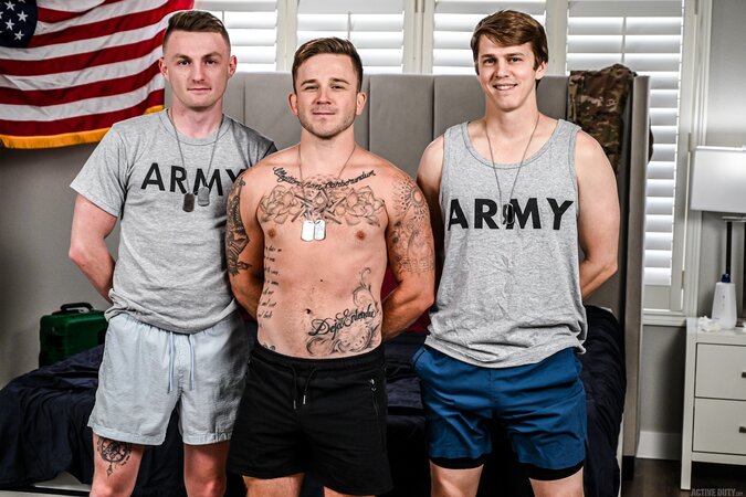 Andrew Delta, Sage Rouxe and Kyle Harper sneak away for a wild military threesome on base