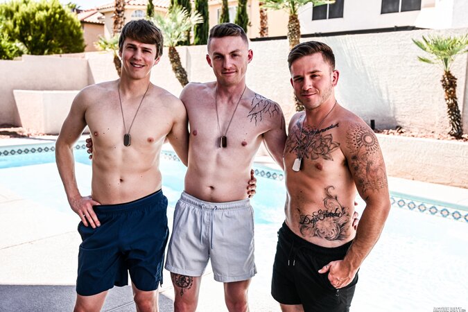 Andrew Delta, Sage Rouxe and Kyle Harper sneak away for a wild military threesome on base
