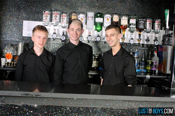 Corey Conor, Jacob Daniels and Sky James turn the empty bar into a raw threesome cum swap
