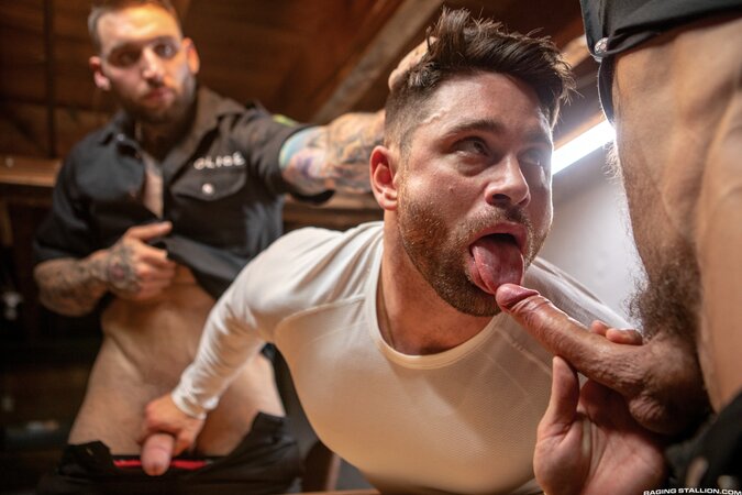 Beau Butler gets barebacked and covered by officers Skyy Knox and Tony D’Angelo