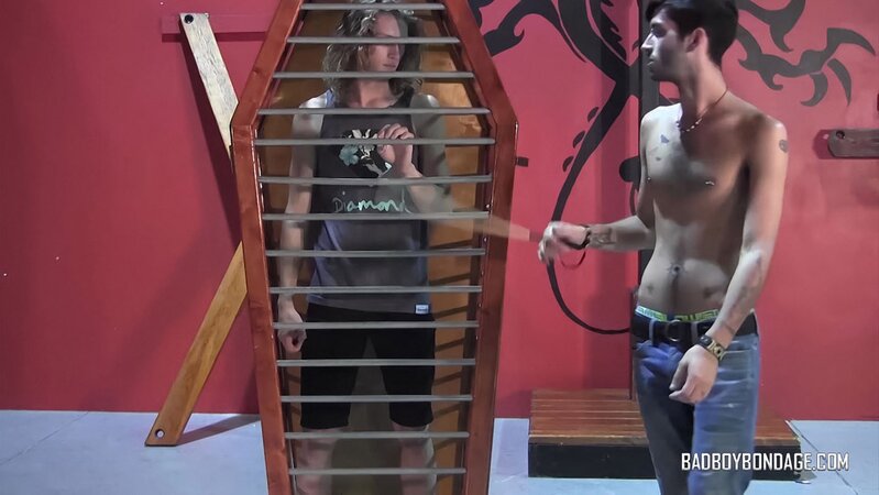 Ryann Ruckers unleashes his full collection of floggers on bound Chris Wayne