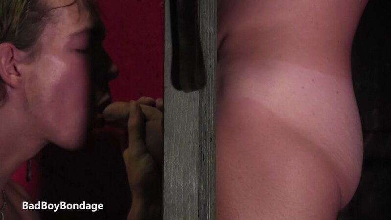 Kayden Winters introduces his sub Luke Stevens to glory hole training with the flogger