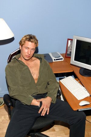 Blond bear stud with a soft belly and fat cock strokes nice and slow