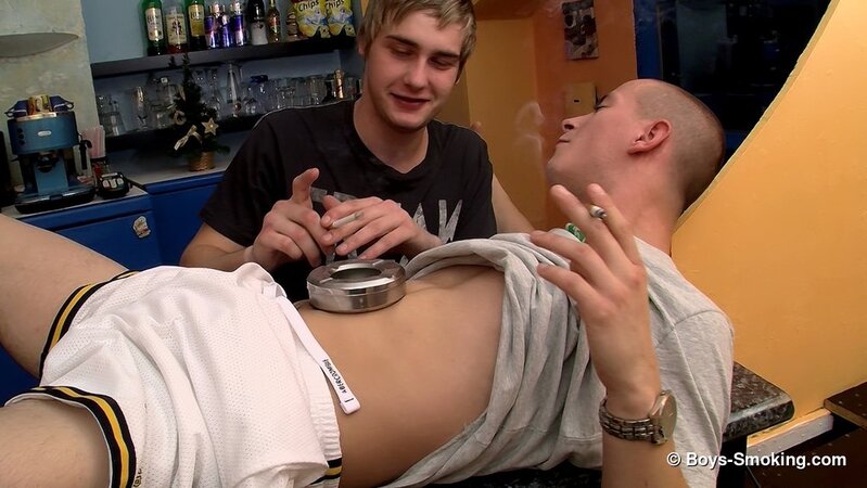 Bartender Jerry and twink Timmy chainsmoke while trading sloppy blowjobs