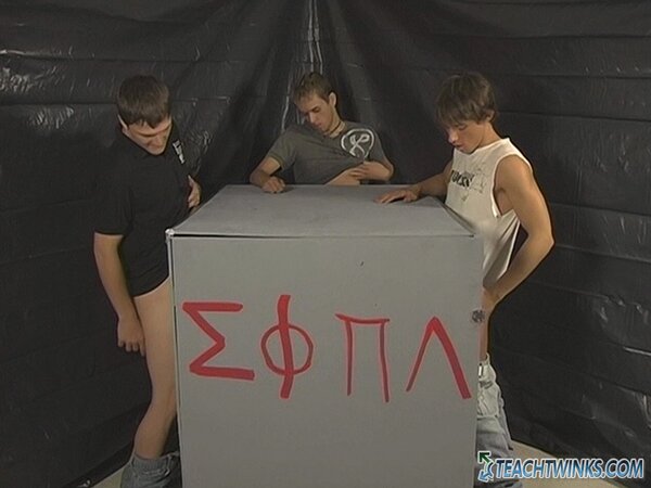 Frat boys trap Dillon Samuels in a gloryhole box and use his mouth
