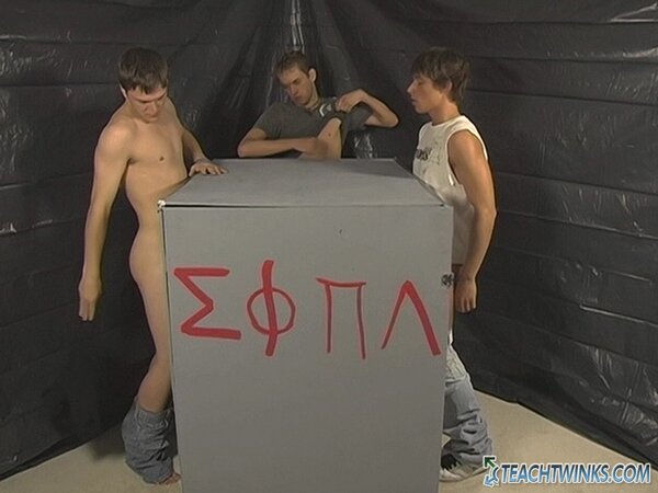 Frat boys trap Dillon Samuels in a gloryhole box and use his mouth