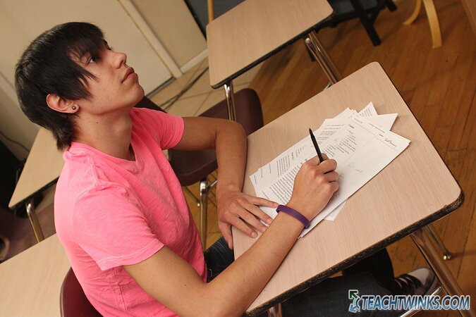 Scott Alexander seduces teacher Brock Landon and takes his cock all over the desk