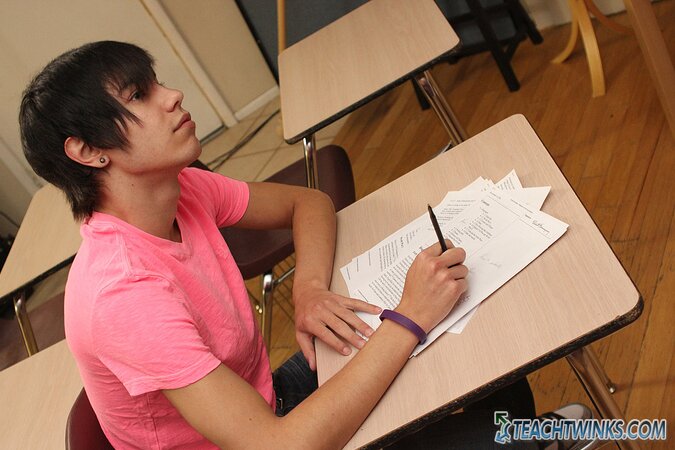 Scott Alexander seduces teacher Brock Landon and takes his cock all over the desk