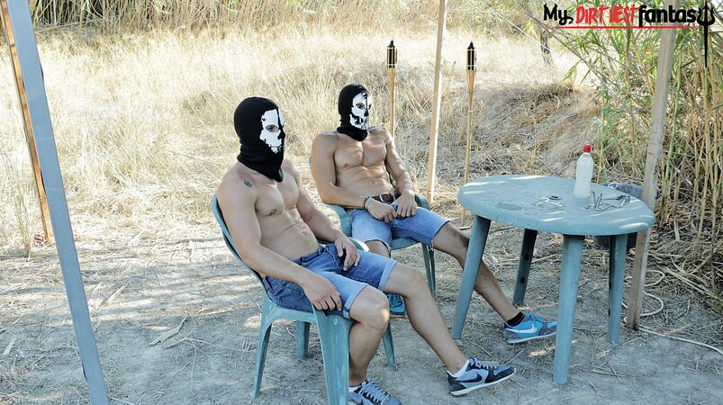 James Oakleigh gets caged, pissed on and used by two masked hunks outdoors