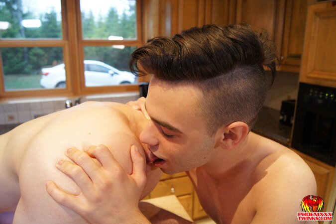 Zac Hunter rims and breeds Sacha West right on the cabin kitchen counter