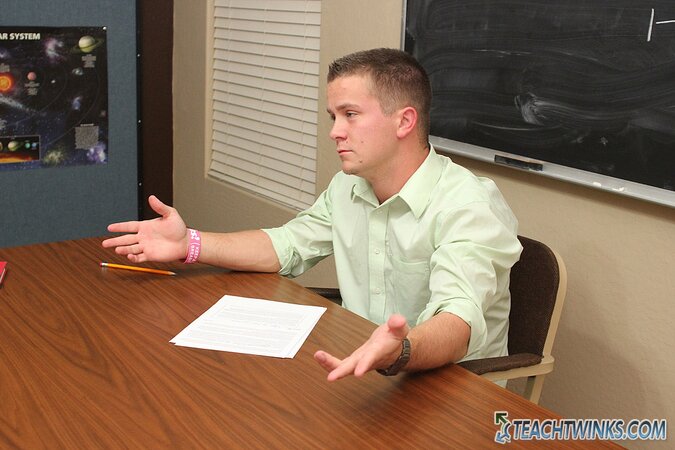 Kyler Moss and Ryan Sharp team up to seduce and spit-roast their teacher Drake Mitchell