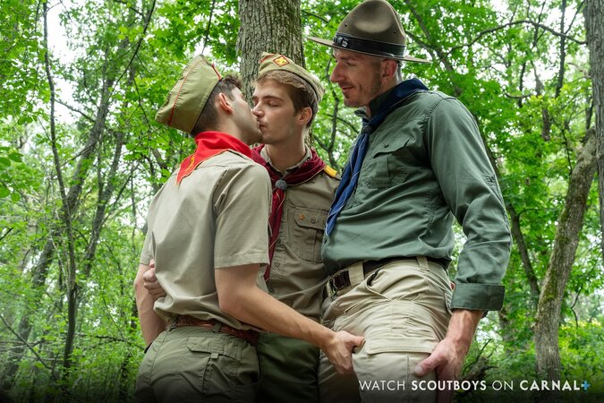 Scout James and Dex get caught by Scoutmaster Stryker and end up in a hot threesome