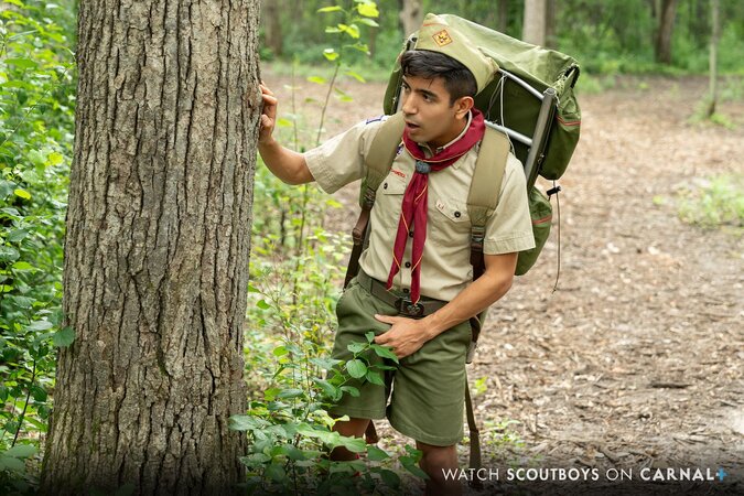 Scoutmaster Stryker and Jay share Scout Milo in a hot outdoor threesome