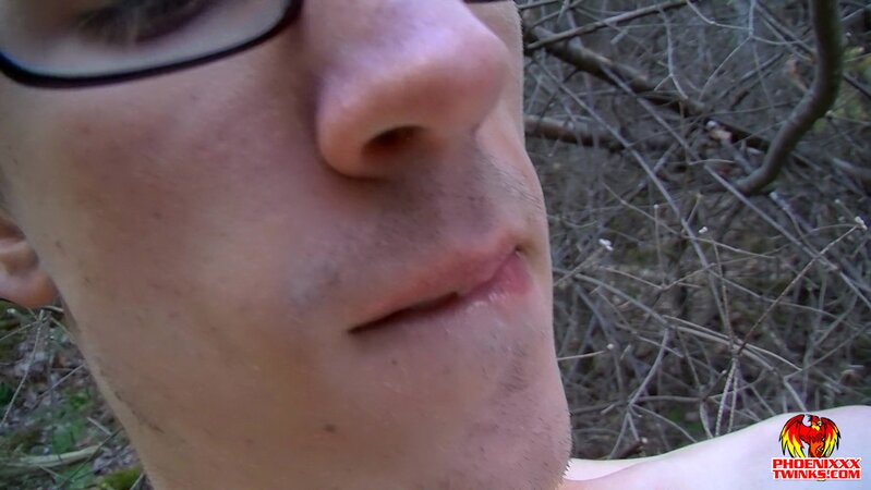 Sacha West jacks off his hard wood in the forest and licks up the messy jizz
