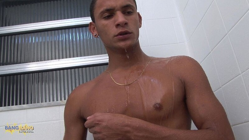 Slim Brazilian stud Alex F washes his massive cock in a hot shower solo