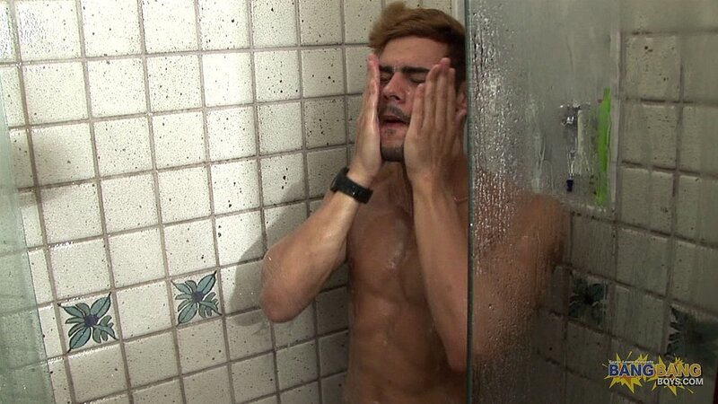Stefano tests a collection of toys before ending his wet solo in the shower