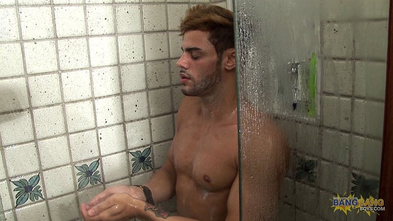 Stefano tests a collection of toys before ending his wet solo in the shower