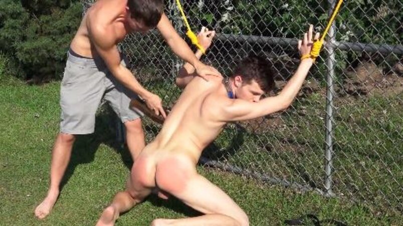 Master Mickey Knox spanks bad pup Christian Bay before getting blown