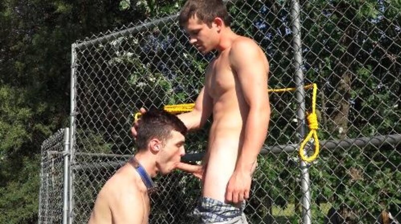 Master Mickey Knox spanks bad pup Christian Bay before getting blown